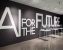 The AI FOR THE FUTURE flagship exhibition entrance and installation at the 2026 World Artificial Intelligence Conference in Shanghai, featuring minimalist vitrines and robotic technology.