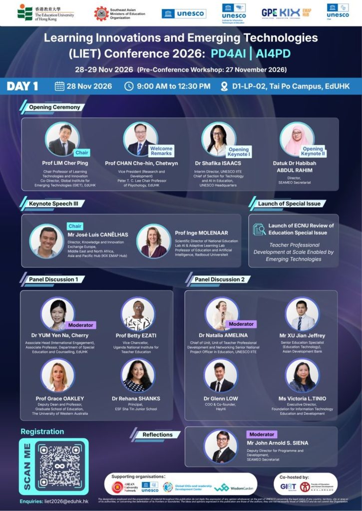 Learning Innovations and Emerging Technologies (LIET) Conference 2026 Day 1 Schedule Poster at The Education University of Hong Kong
